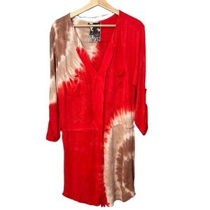 Young Fabulous & Broke Tunic Dress Tie Dyed Orange Brown Boho Sz M